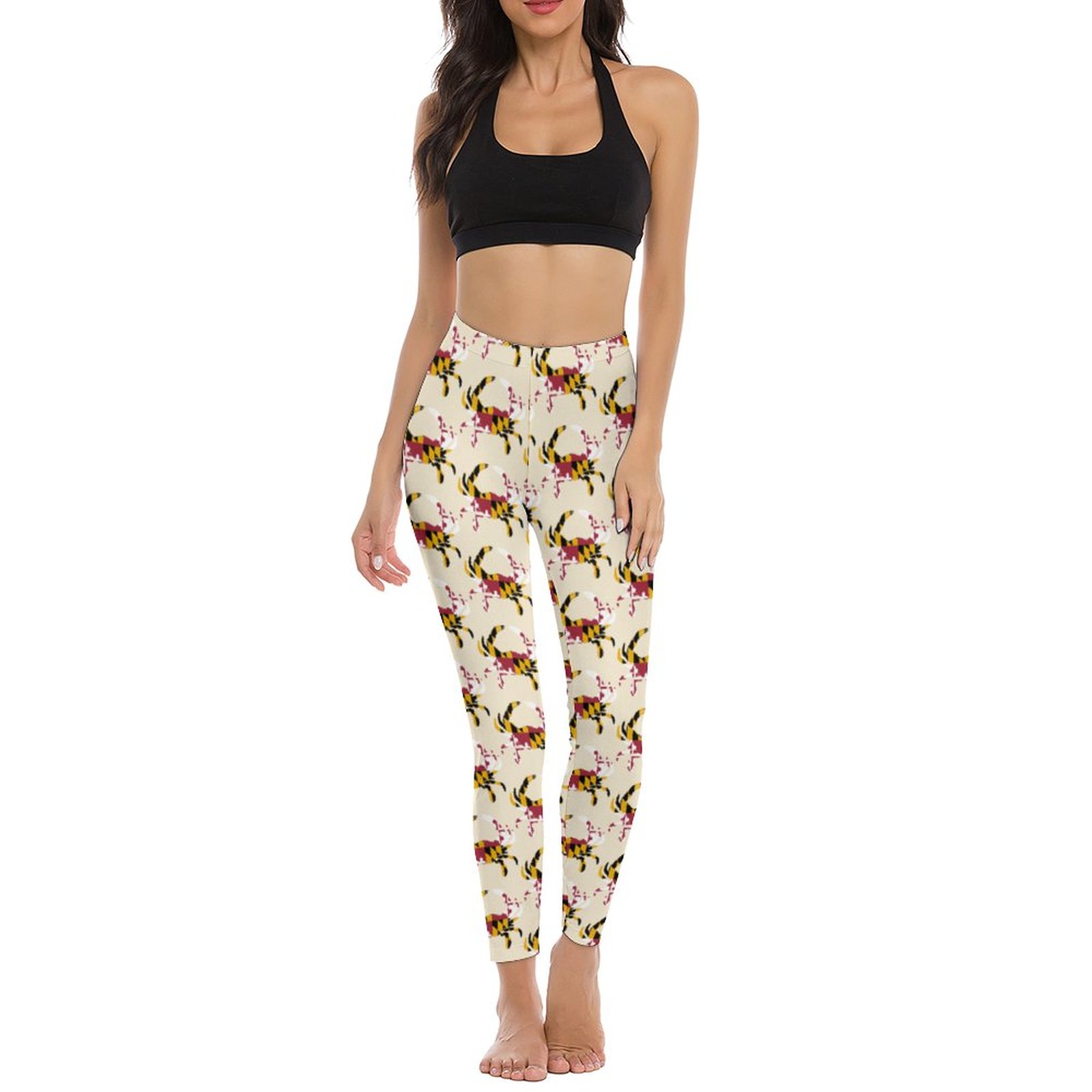 Maryland Flag Blue Crab Womens High Waist Workout Leggings Wide Waistband Sports Thin Fit Gym Yoga Pants