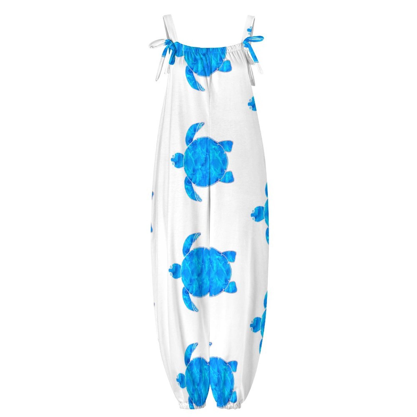 Women Ocean Blue Turtle Print Loose Fit Baggy Harem Overall Jumpsuit Tie Spaghetti Strap Casual Long Pants Rompers
