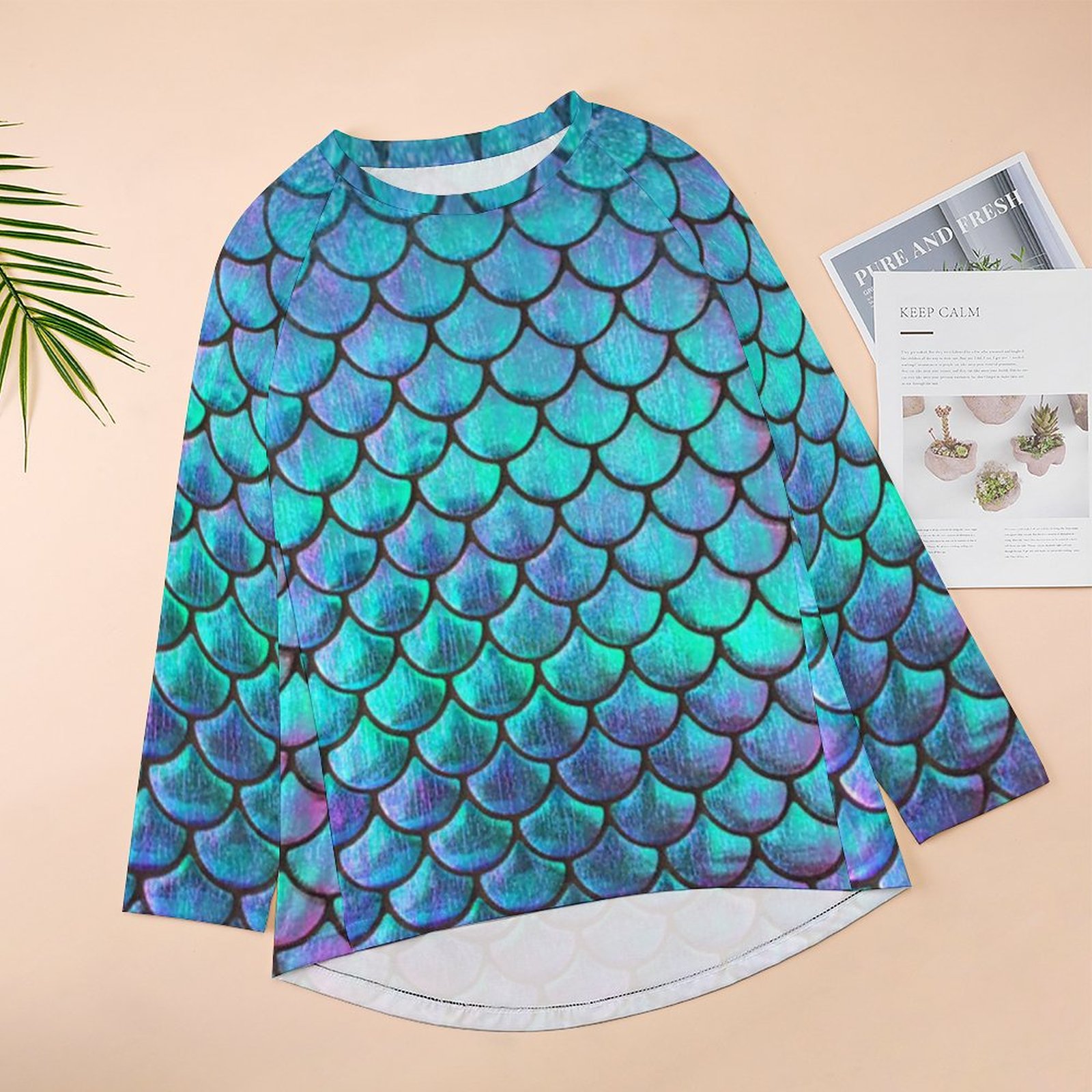 Personalized Mermaid Fish Scale Long Sleeve T-Shirt Women Raglan Sleeve Pullover Sweatshirts Plus Size Tops