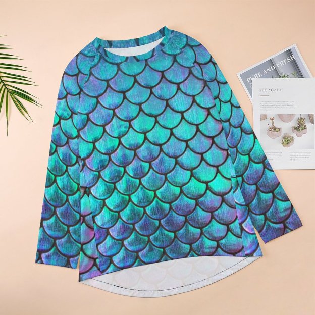 Personalized Mermaid Fish Scale Long Sleeve T-Shirt Women Raglan Sleeve Pullover Sweatshirts Plus Size Tops