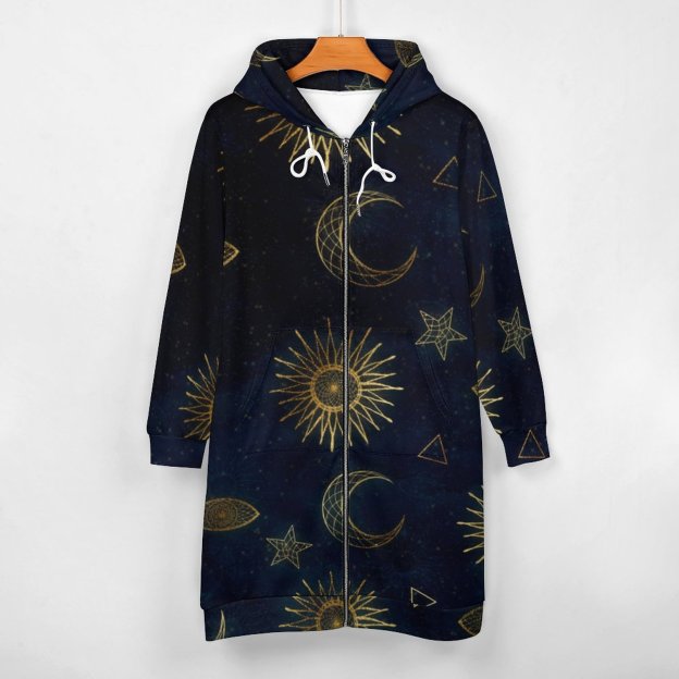 Magical Gold Moon Sun Stars Dark Blue Zip Up Long Hoodie Jacket Women Tunic Sweatshirt Plus Size Open Front Cardigan Outfits