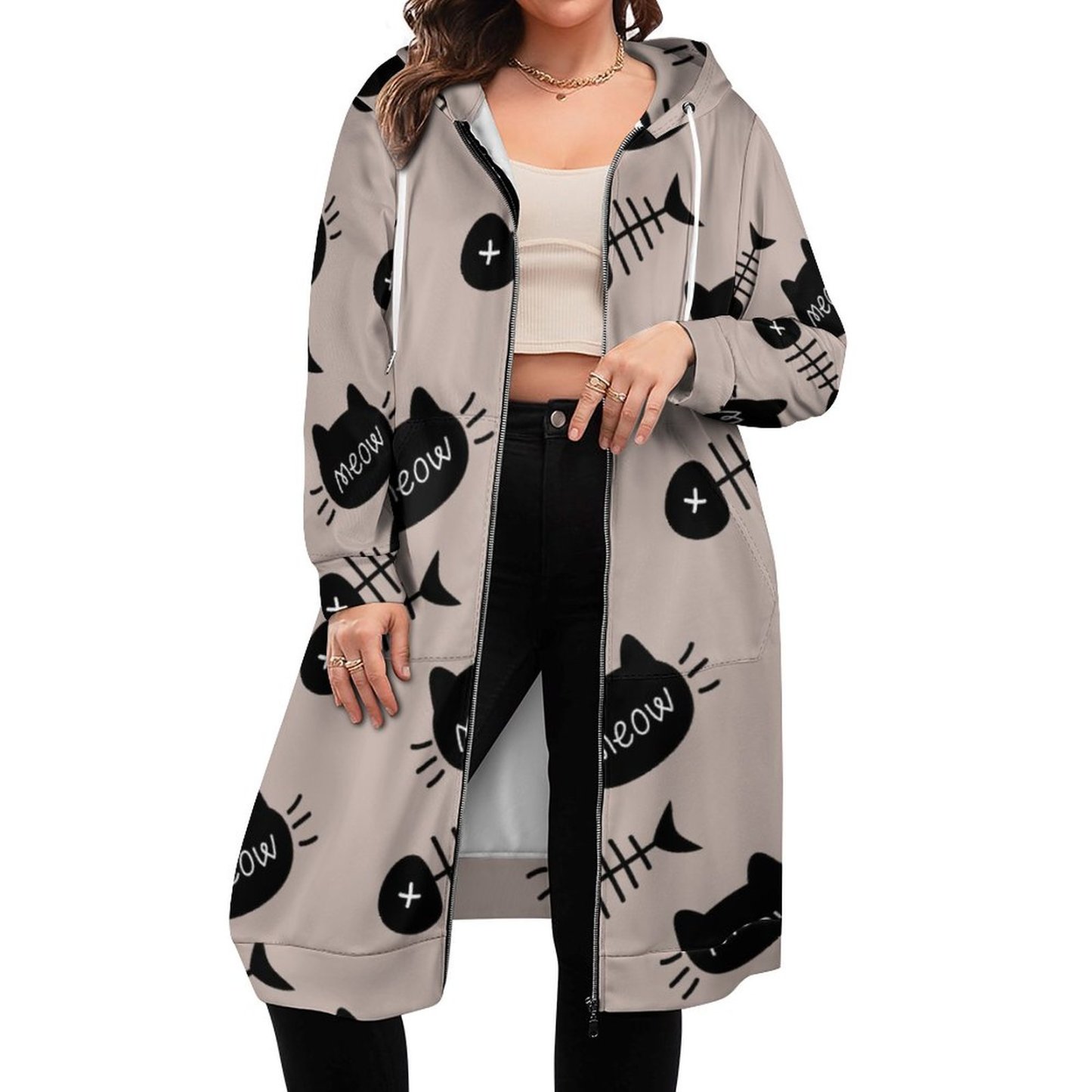 Meow Black Cat Face Fishbone Zip Up Long Hoodie Jacket Coat Women Tunic Sweatshirt Plus Size Open Front Cardigan Outfits