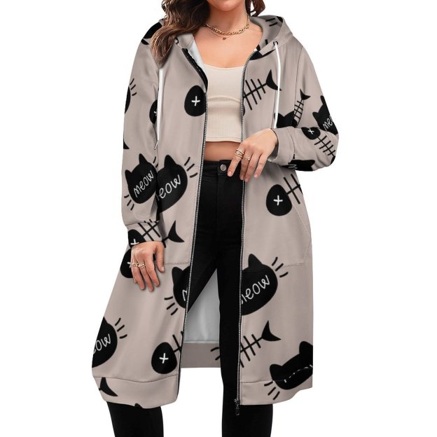 Meow Black Cat Face Fishbone Zip Up Long Hoodie Jacket Coat Women Tunic Sweatshirt Plus Size Open Front Cardigan Outfits