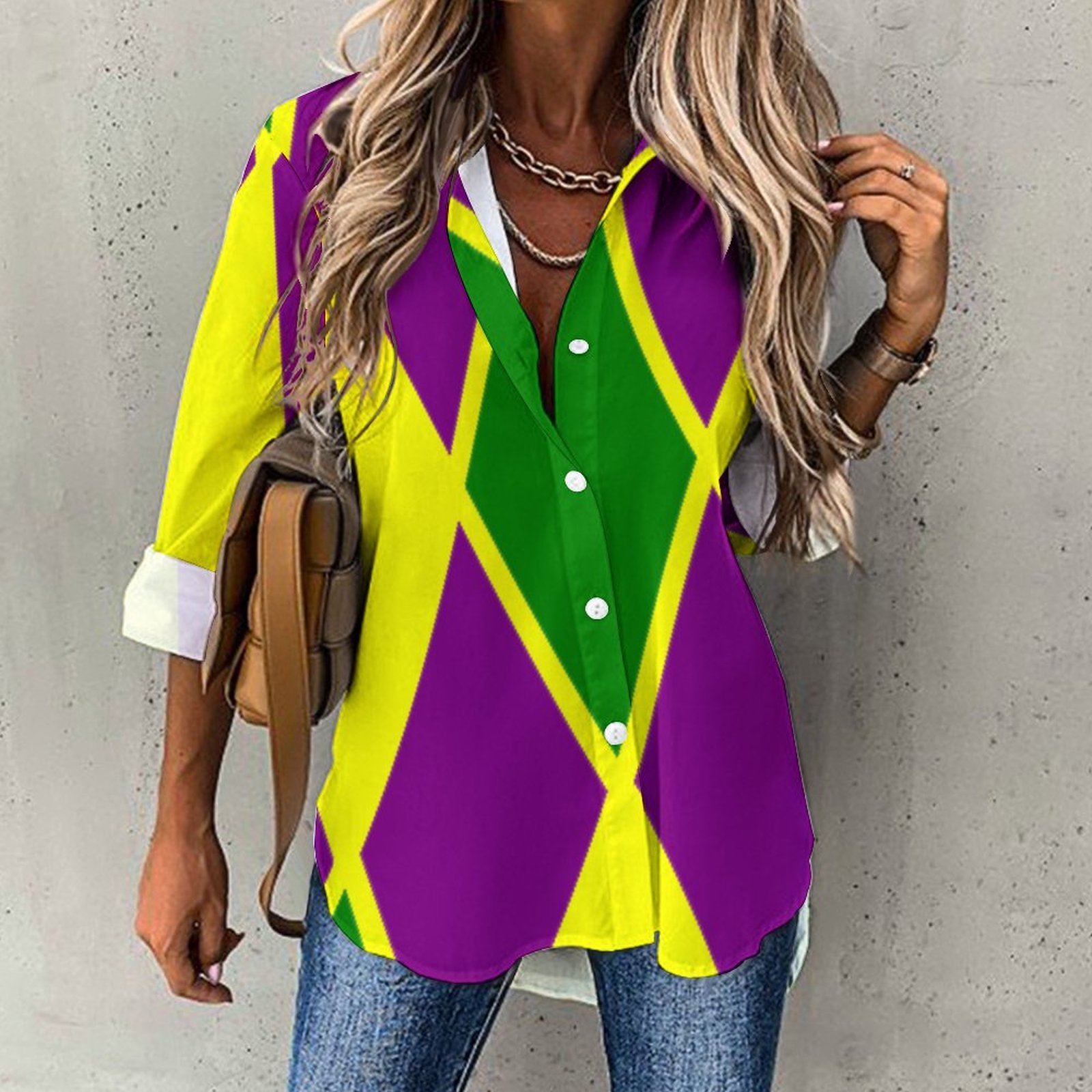 Mardi Gras Fat Tuesday Harlequin Button Down V Neck Shirts Long Sleeve Blouse Roll Up Cuffed Sleeve Casual Shirt Tops