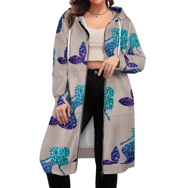 Mermaid Aqua Blue Ombre Sparkles Zip Up Long Hoodie Jacket Women Tunic Sweatshirt Plus Size Open Front Cardigan Outfits