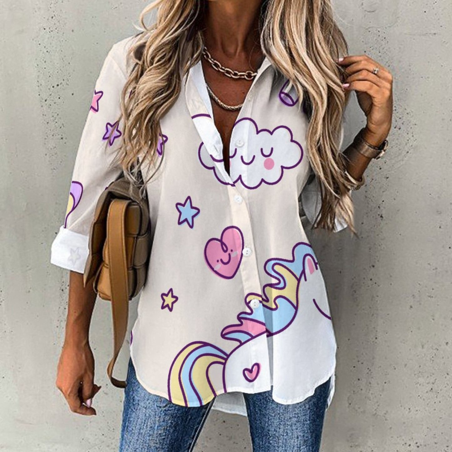Personalized Kawaii Chubby Flying Unicorns Rainbow Button Down Shirts-