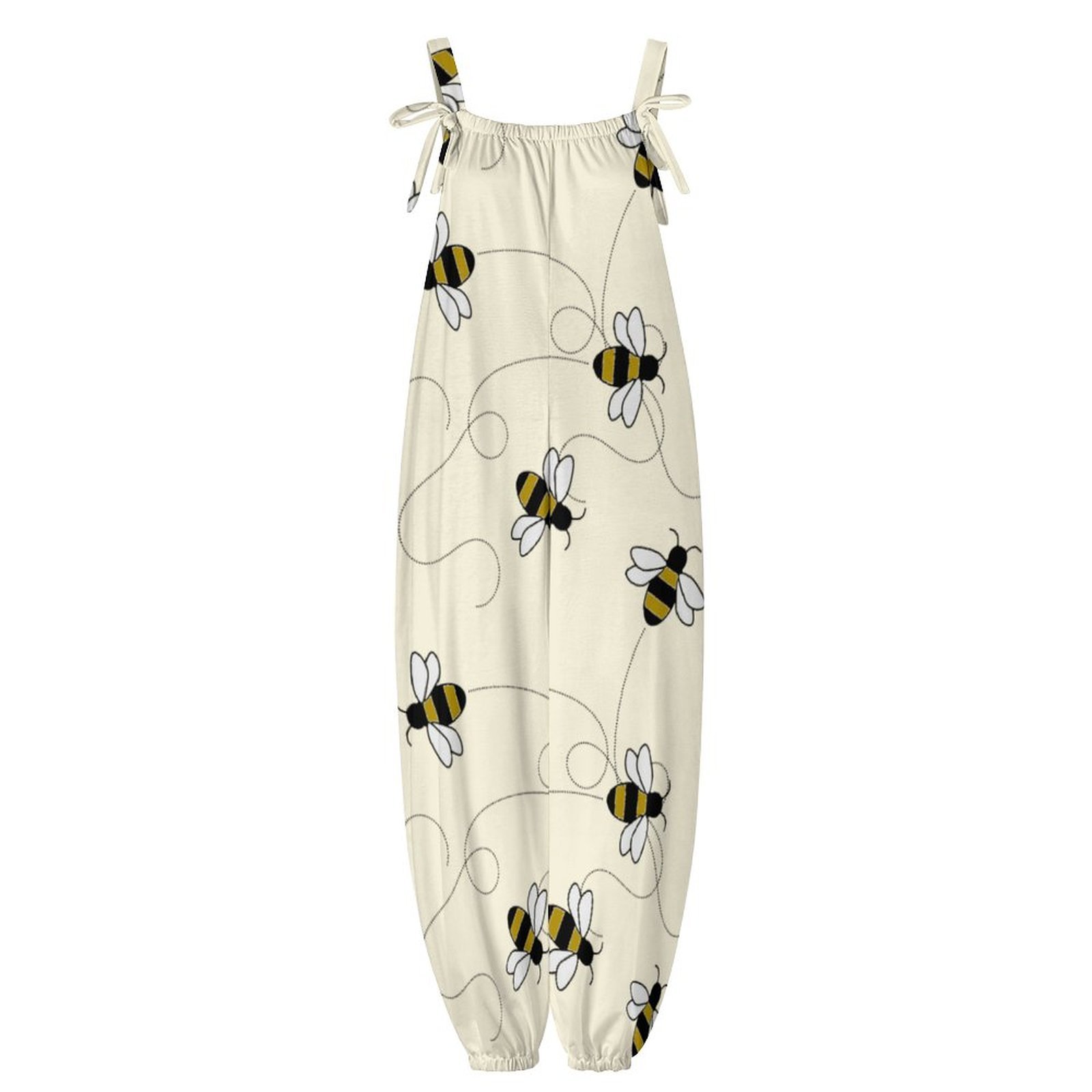 Women Modern Bumble Bees Print Loose Fit Baggy Harem Overall Jumpsuit Tie Spaghetti Strap Casual Long Pants Rompers