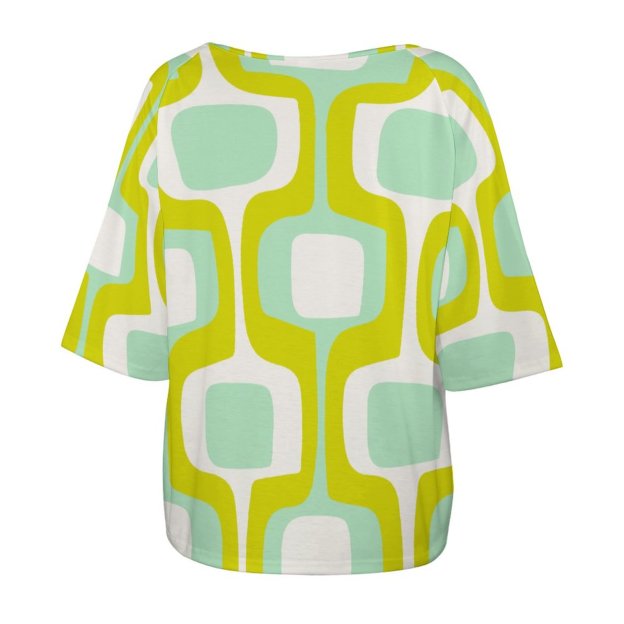 Mint And Chartreuse Mid Century Modern 3/4 Bell Sleeve T-Shirt Elbow Length Basic Tunics Tops for Women-Charlylifestyle