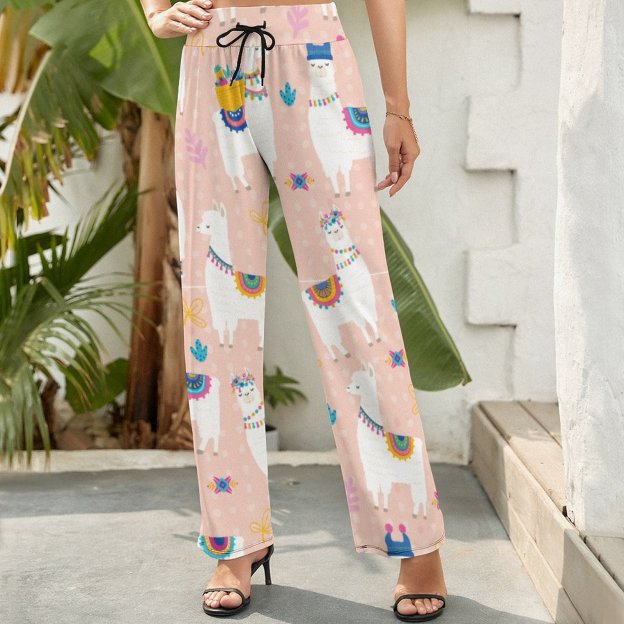 Llama Llama Cute Llama Printed Women's High Waist Wide Leg Long Palazzo Lounge Pants-Charlylifestyle