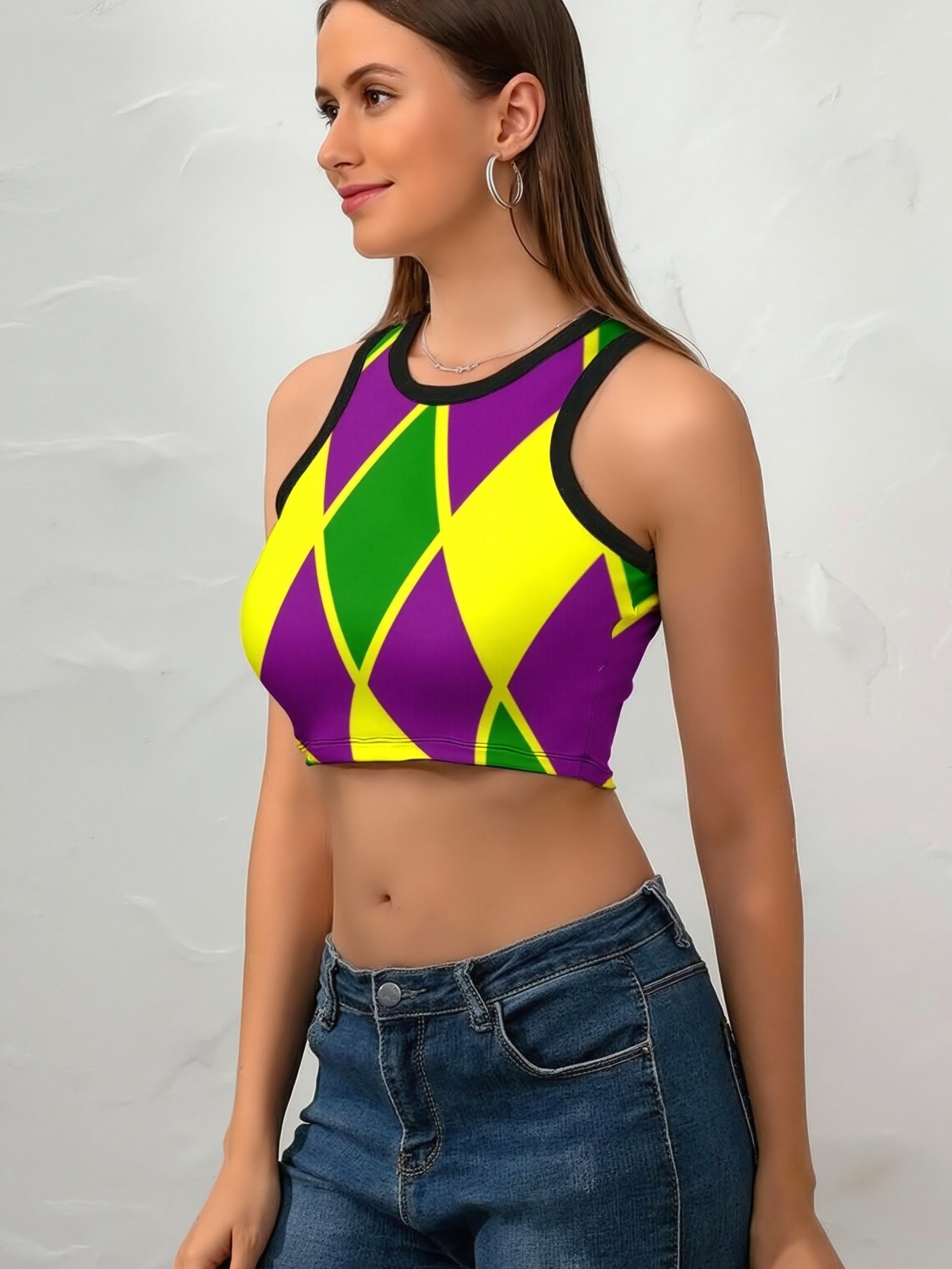 Women Mardi Gras Fat Tuesday Harlequin Crew Neck Crop Tank Basic Sleeveless Graphic Hippie Boyfriend Style Tee Tops