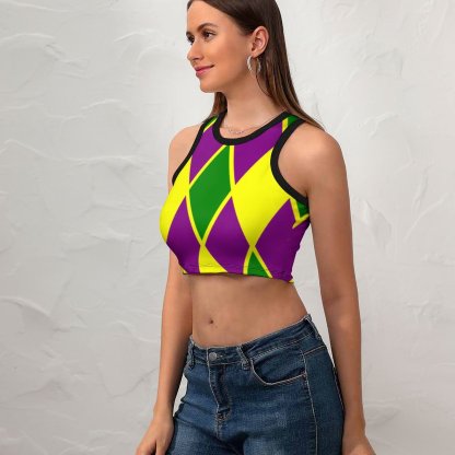 Women Mardi Gras Fat Tuesday Harlequin Crew Neck Crop Tank Basic Sleeveless Graphic Hippie Boyfriend Style Tee Tops-Charlylifestyle