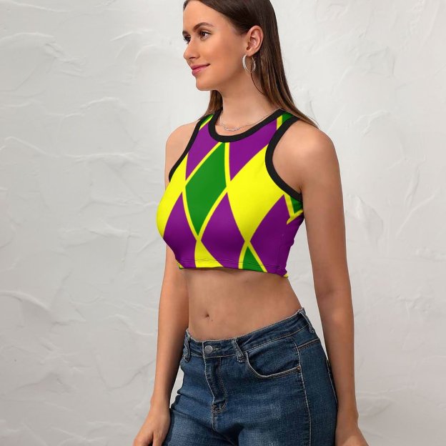 Women Mardi Gras Fat Tuesday Harlequin Crew Neck Crop Tank Basic Sleeveless Graphic Hippie Boyfriend Style Tee Tops-Charlylifestyle