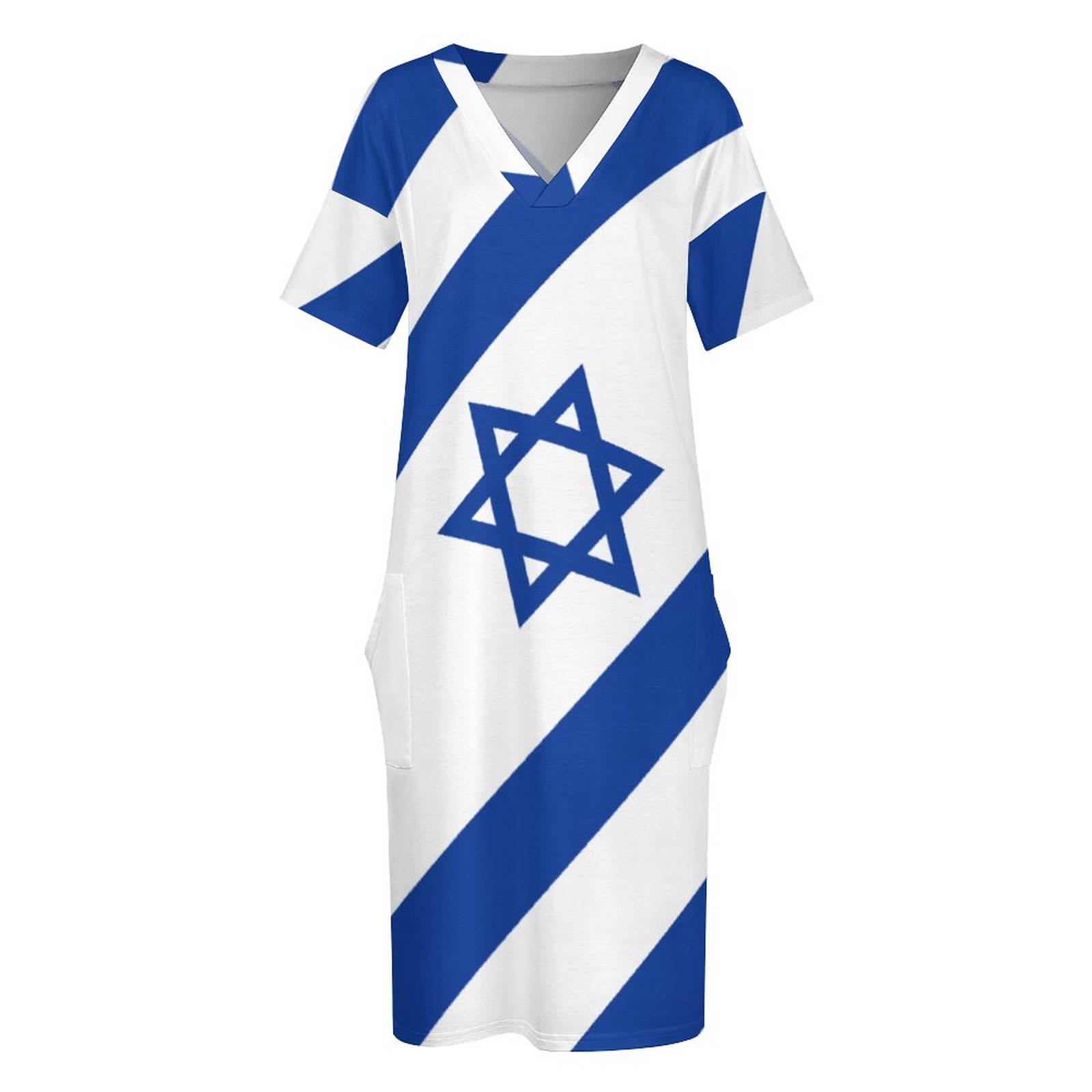 Israelian Flag Of Israel Print Beach Boho Above Knee Length Tunic Dress Women Plus Size V Neck Midi Dress With Pockets