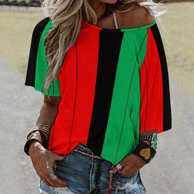 Kwanzaa Red Black Green Kinara Striped O Neck Batwing Half Sleeve Shirts Women Loose Street Blouse Print Tops-Charlylifestyle