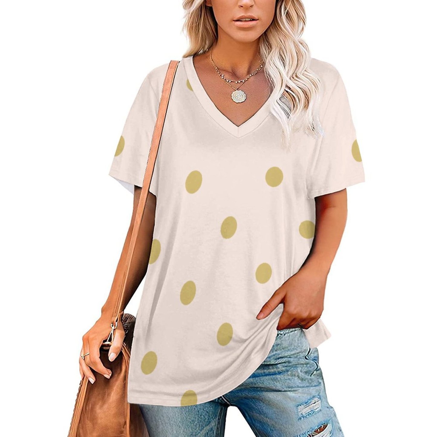 Modern Girly Pink And Gold Polka Dots Women T Shirts Basic V-Neck Tee Loose Vintage Fitting Oversize Short Sleeve Tops-Charlylifestyle