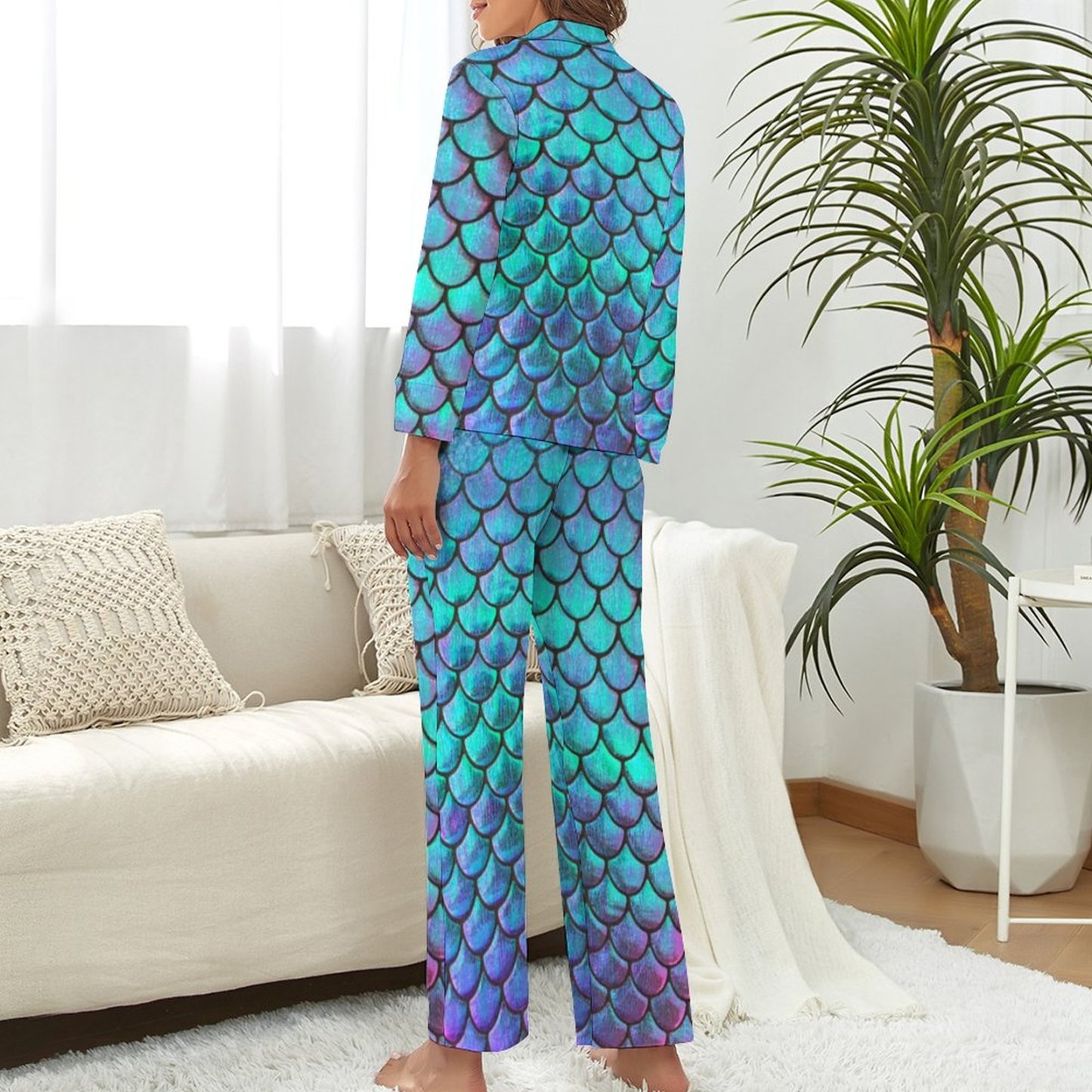 Personalized Mermaid Fish Scale Two Piece Pajamas Custom Women Long Sleeve Sleepwear Button Front Pjs Set