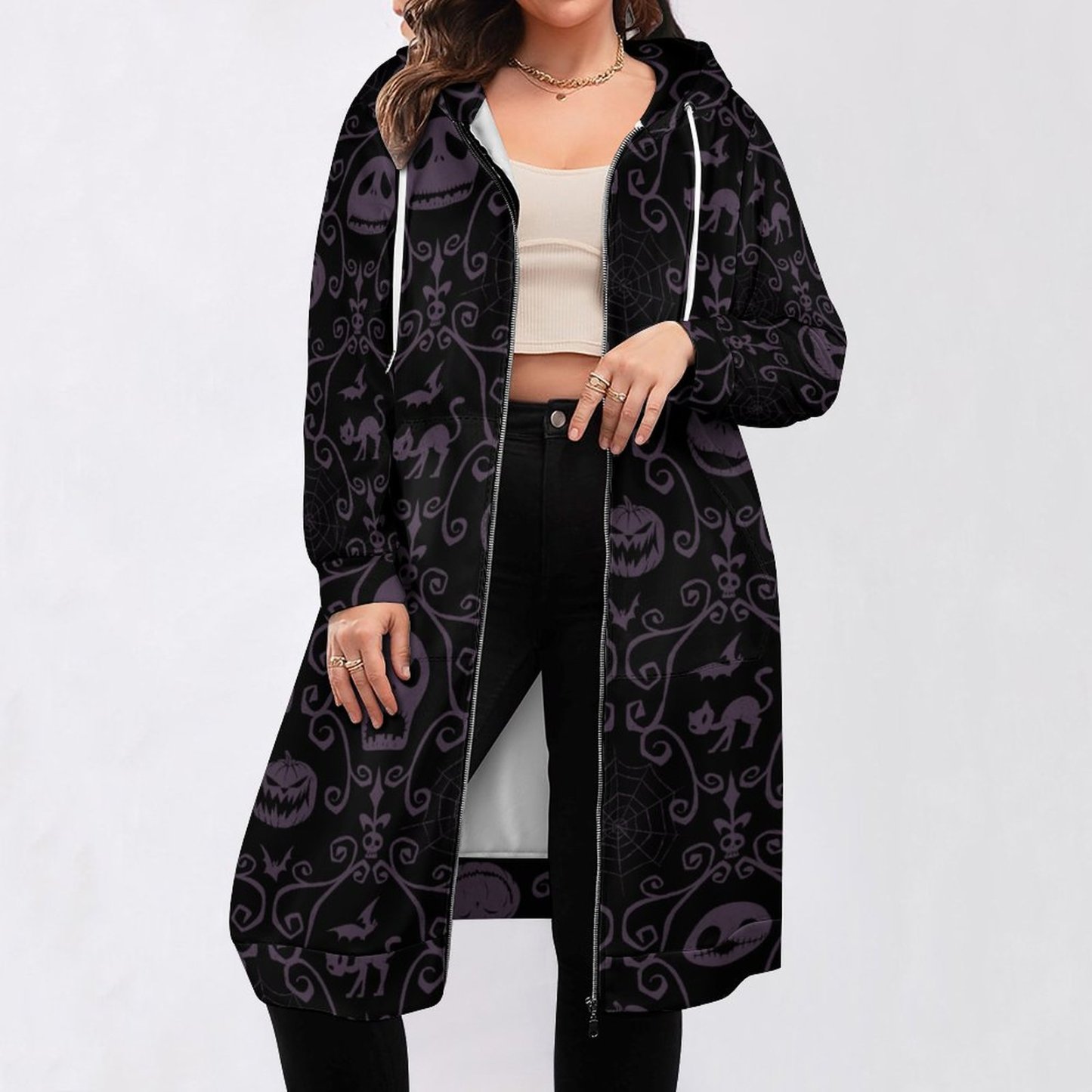 Jack Skellington Halloween Filigree Zip Up Long Hoodie Jacket Women Tunic Sweatshirt Plus Size Open Front Cardigan Outfits