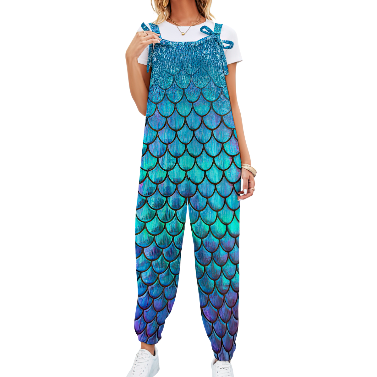 Personalized Mermaid Fish Scale Print Baggy Harem Overall Jumpsuit - Custom Casual Long Pants Rompers