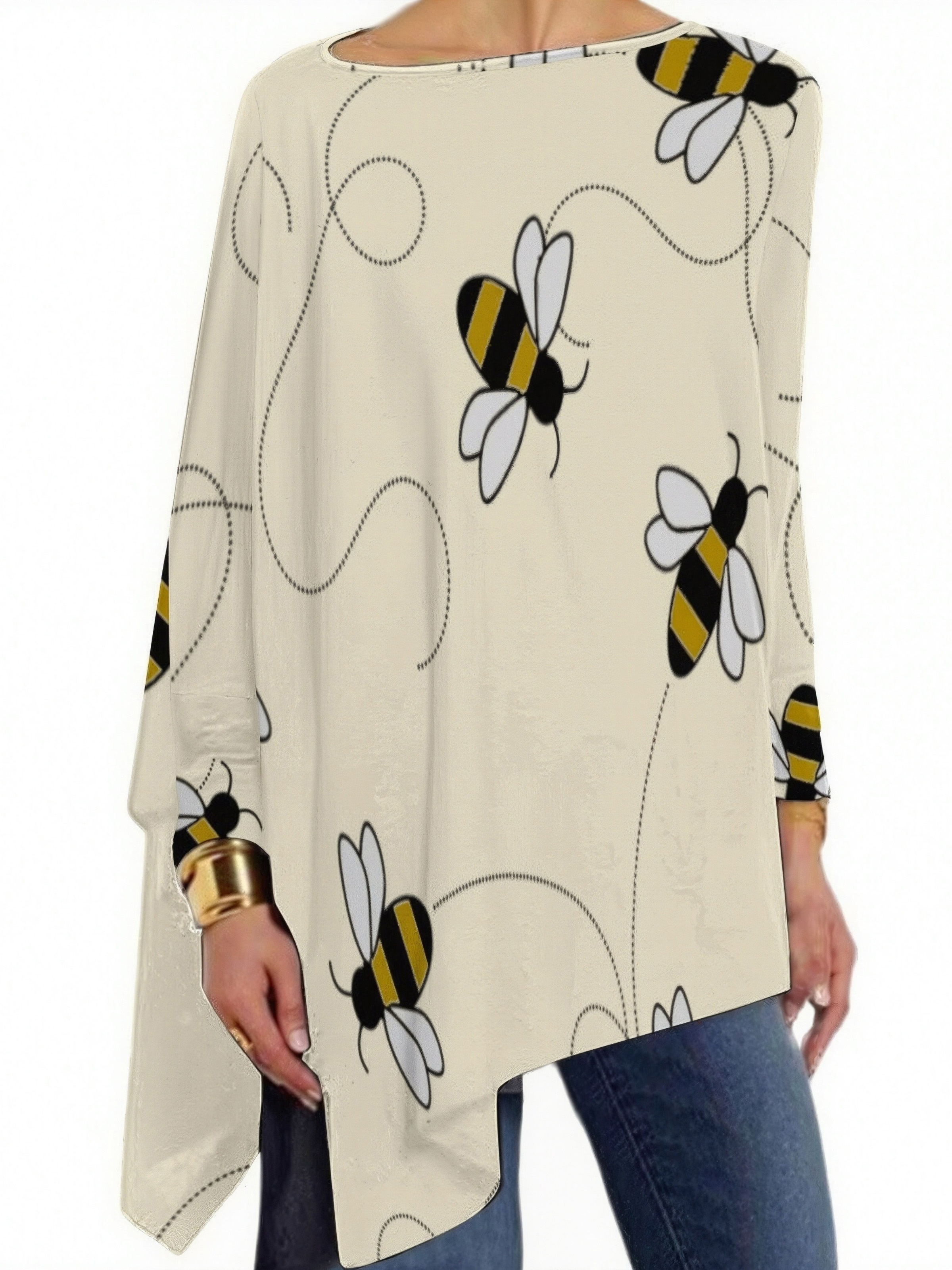 Modern Bumble Bees Plus Size Hanky Hem Tops Long Sleeve Women Tunic High Low Asymmetrical Shirt