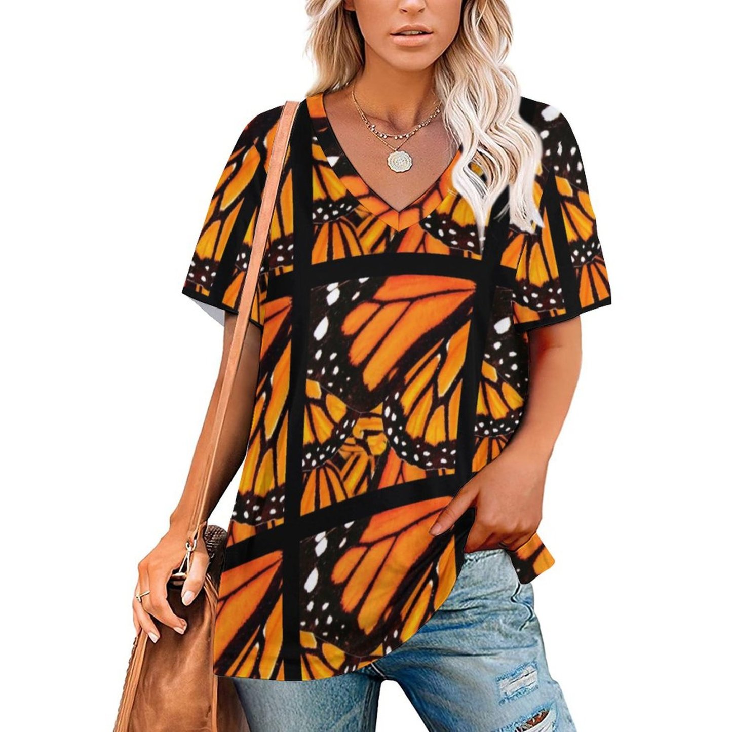 Orange Black Monarch Butterfly Wing Womens Summer Casual T Shirts Boho Full Print Short Sleeve Loose Hippie Tunic Tops-Charlylifestyle