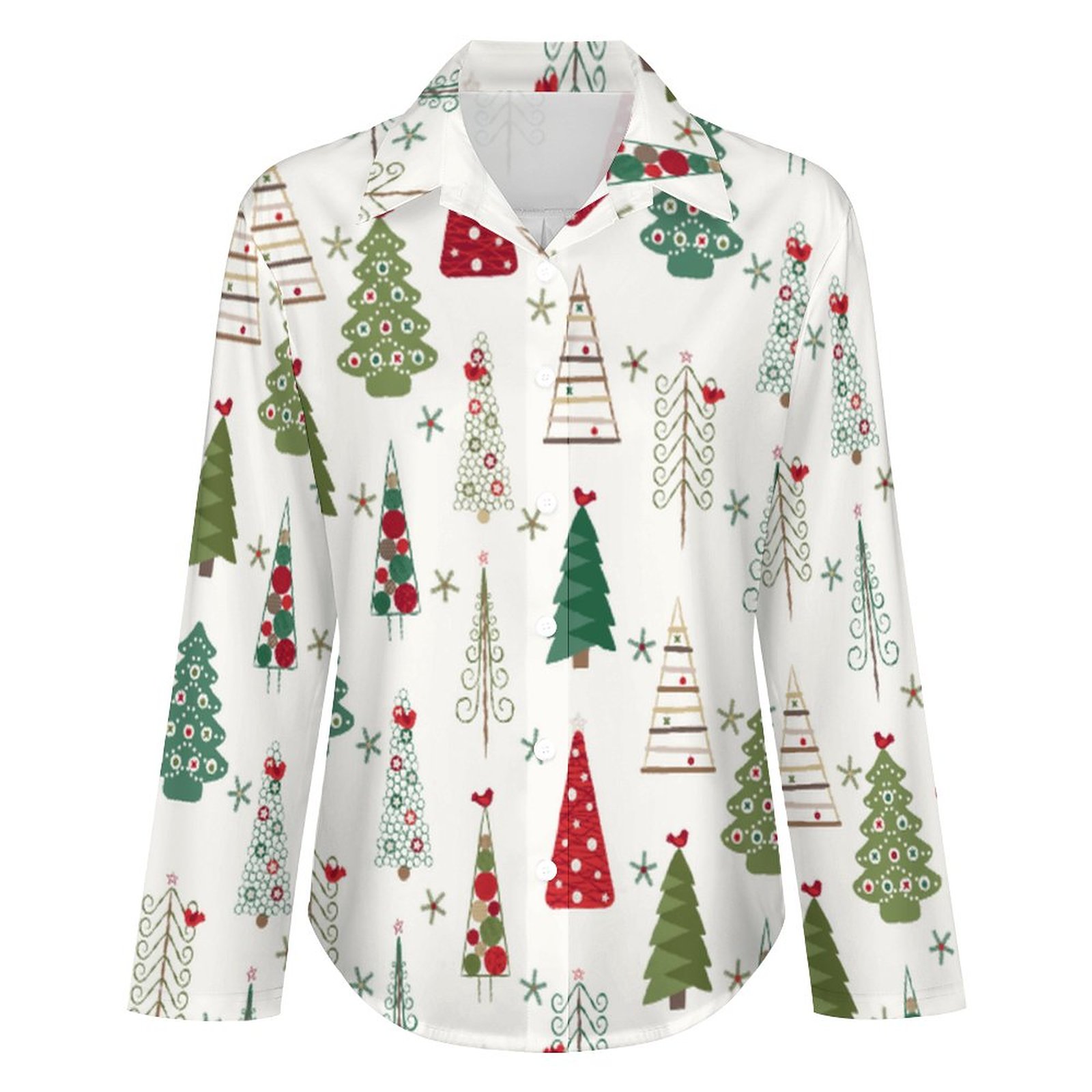 Modern Minimalist Christmas Tree Button Down V Neck Shirts Long Sleeve Blouse Roll Up Cuffed Sleeve Casual Shirt Tops