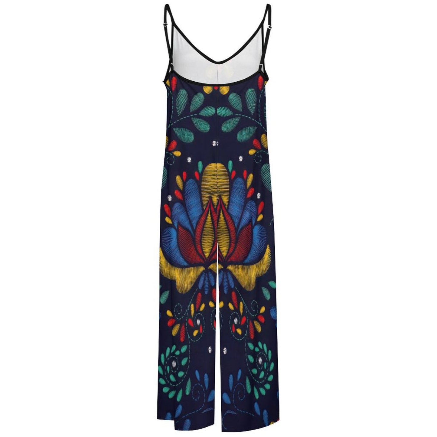 Summer Bohemia Mexican Traditional Embroidery Cami Wide Leg Jumpsuits Women Casual Shoulder Strap Adjustable Rompers Pants
