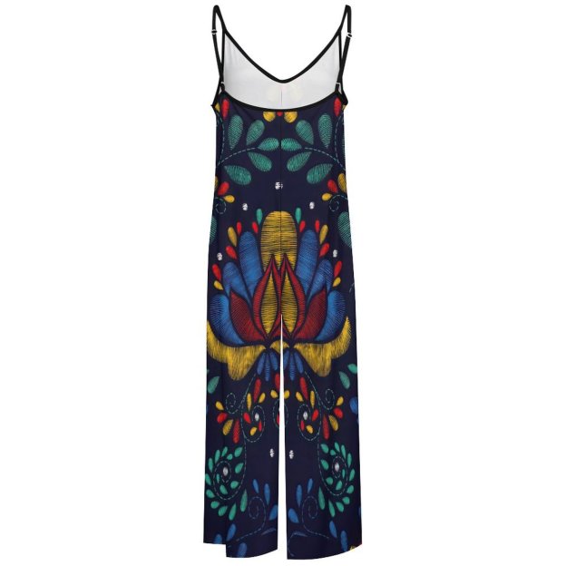 Summer Bohemia Mexican Traditional Embroidery Cami Wide Leg Jumpsuits Women Casual Shoulder Strap Adjustable Rompers Pants