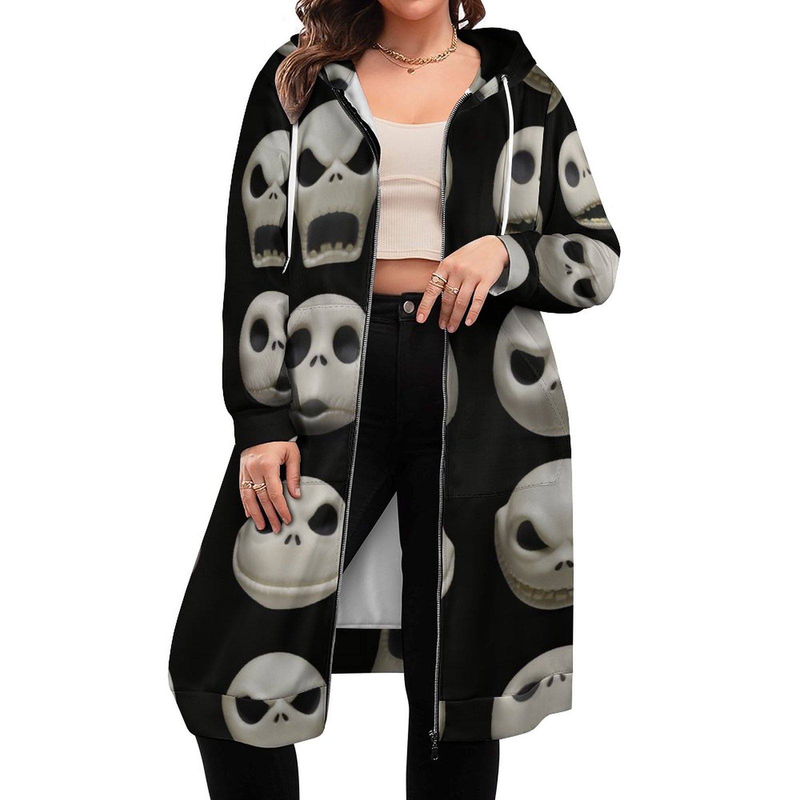 Many Faces Of Jack Skellington Zip Up Long Hoodie Jacket Coat Women Tunic Sweatshirt Plus Size Open Front Cardigan Outfits