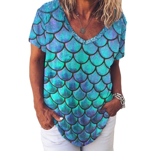 Personalized Mermaid Fish Scale Full Print T Shirts - Custom WomenShort Sleeve Loose Hippie Tunic Tops