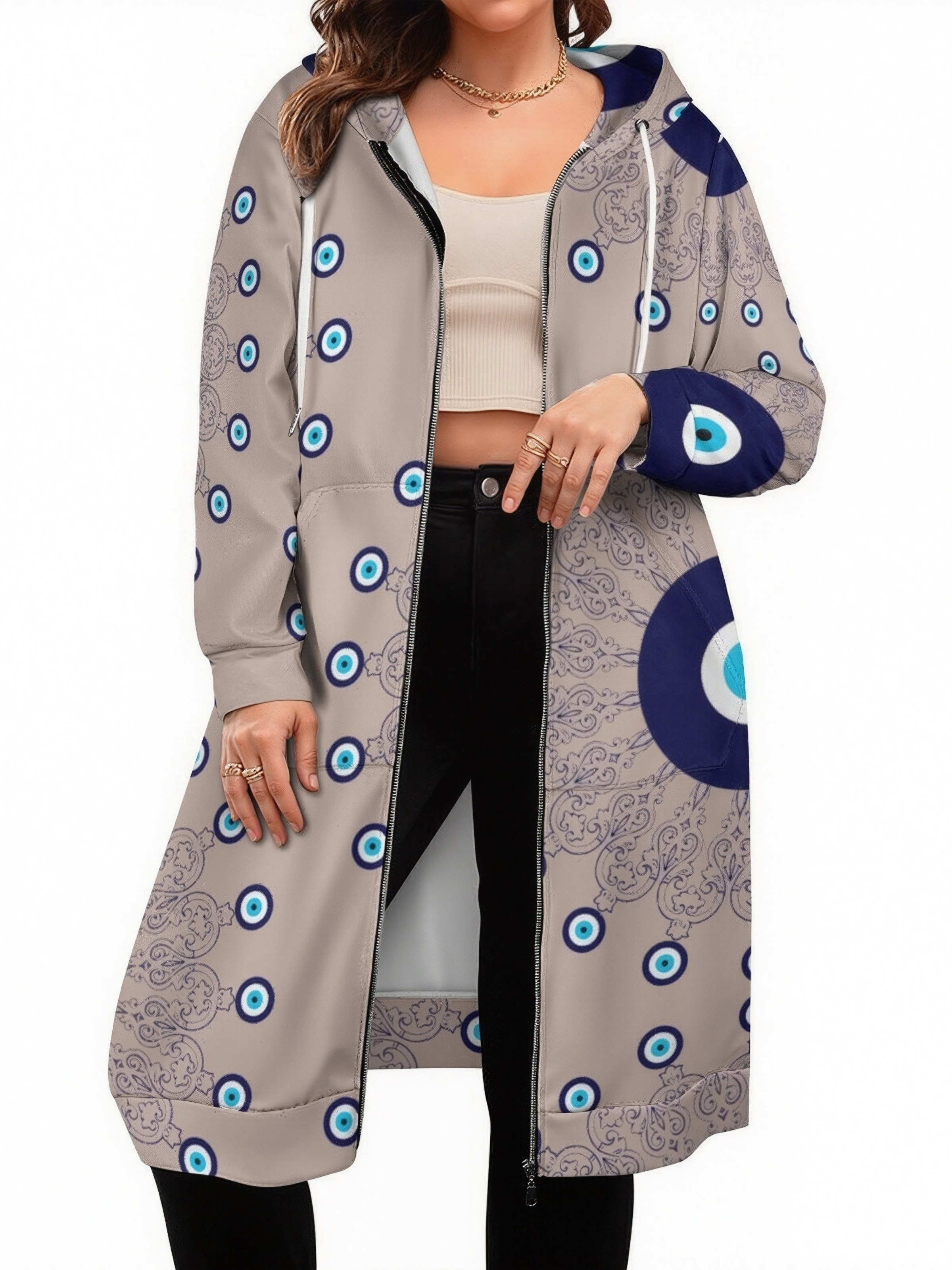 Mediterranean Blue Aqua Evil Eye Mandala Zip Up Long Hoodie Jacket Women Tunic Sweatshirt Plus Size Open Front Cardigan Outfits