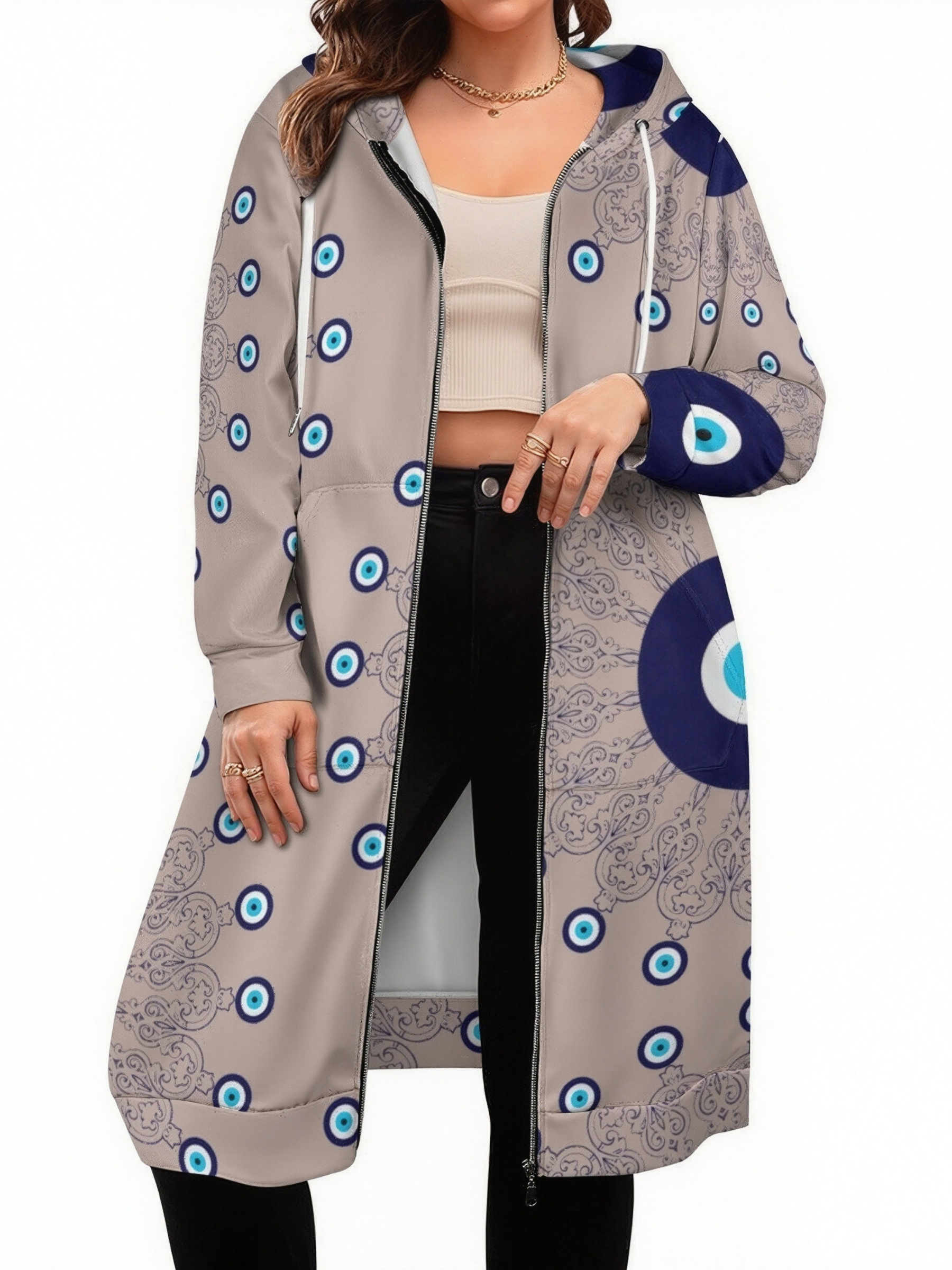 Mediterranean Blue Aqua Evil Eye Mandala Zip Up Long Hoodie Jacket Women Tunic Sweatshirt Plus Size Open Front Cardigan Outfits