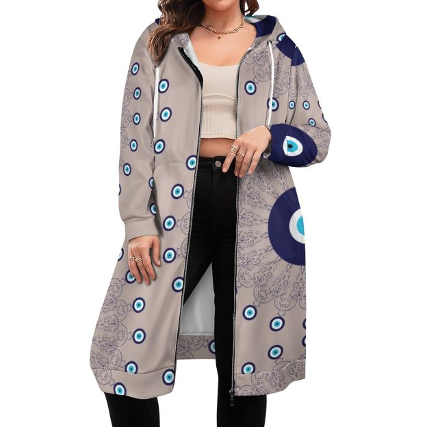 Mediterranean Blue Aqua Evil Eye Mandala Zip Up Long Hoodie Jacket Women Tunic Sweatshirt Plus Size Open Front Cardigan Outfits