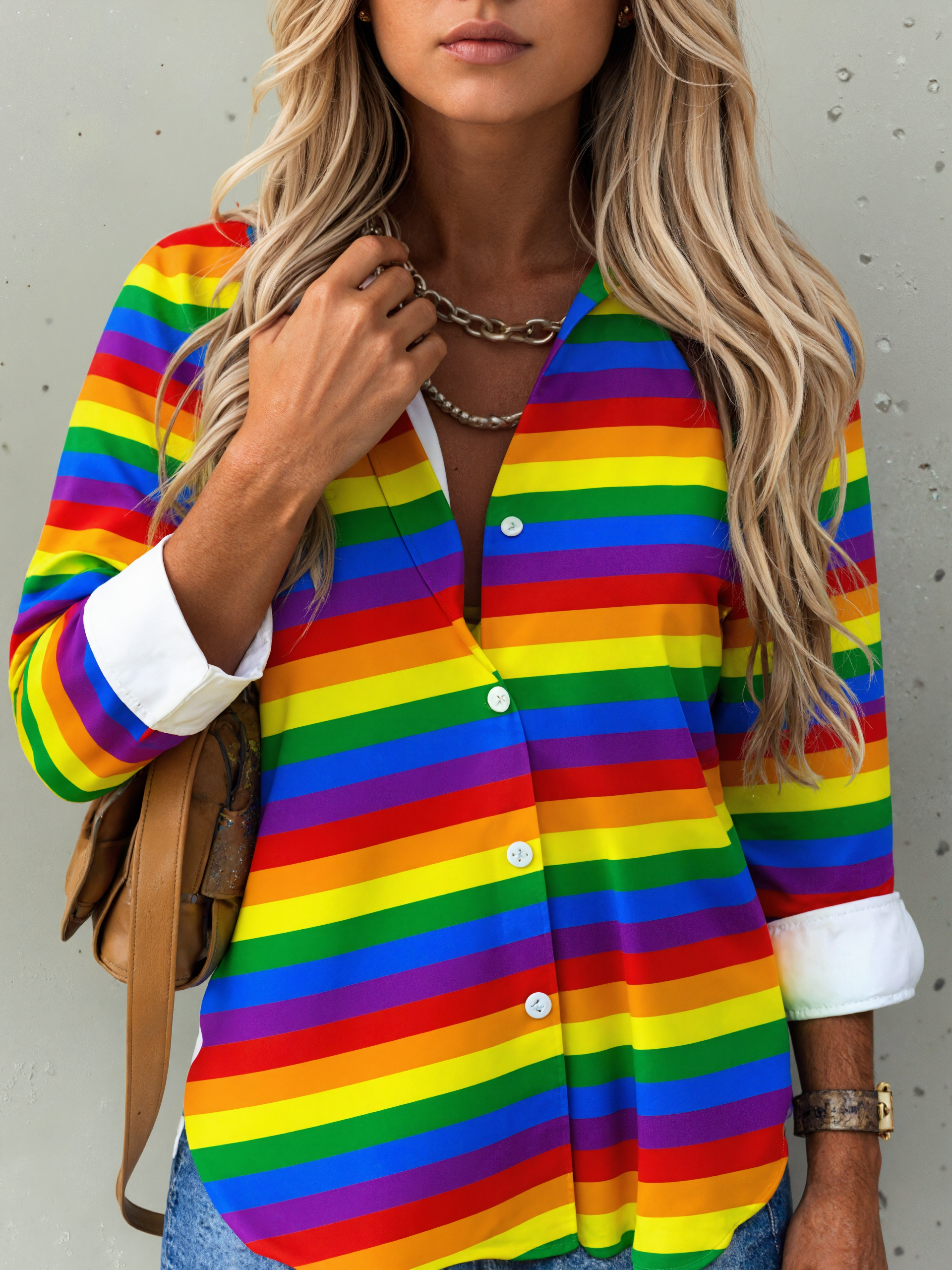 Lgbt Gay Pride Rainbow Flag Colors Stripes Button Down V Neck Shirts Long Sleeve Blouse Roll Up Cuffed Sleeve Casual Shirt Tops