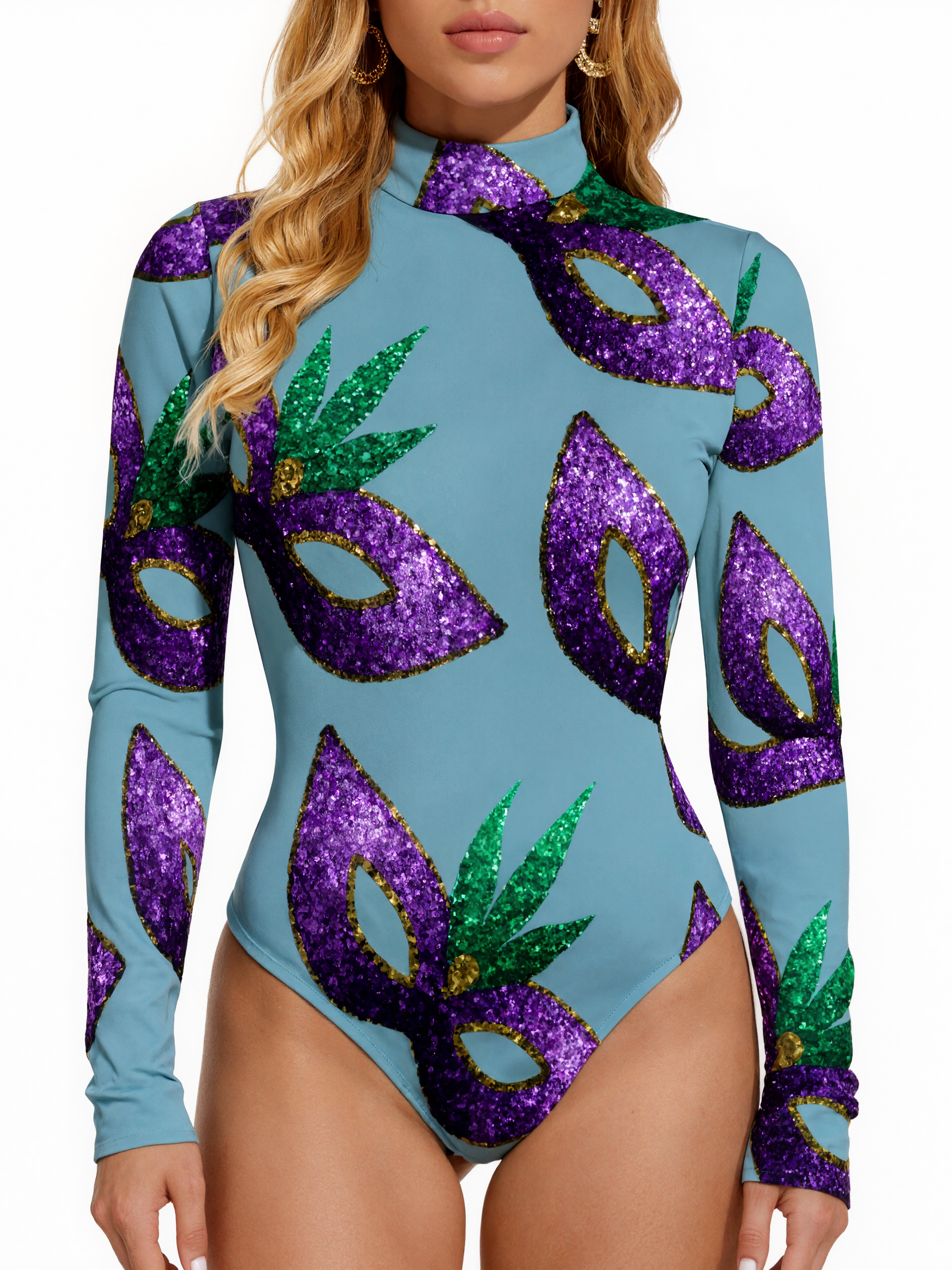Mardi Gras Mask Purple Green Gold Sparkles Women Mock Turtle Neck Long Sleeve Tops Bodysuit Slim Fit Body Suit Basic Jumpsuit