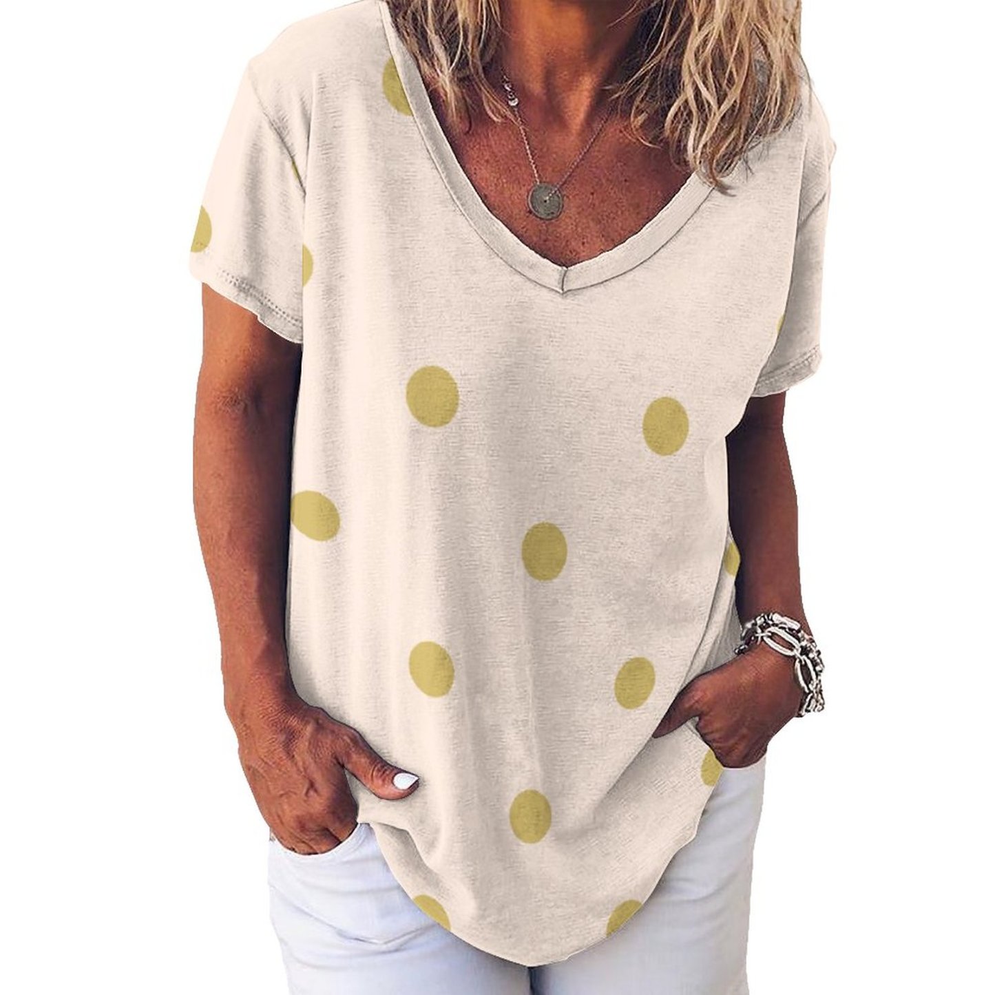 Modern Girly Pink And Gold Polka Dots Women T Shirts Basic V-Neck Tee Loose Vintage Fitting Oversize Short Sleeve Tops-Charlylifestyle