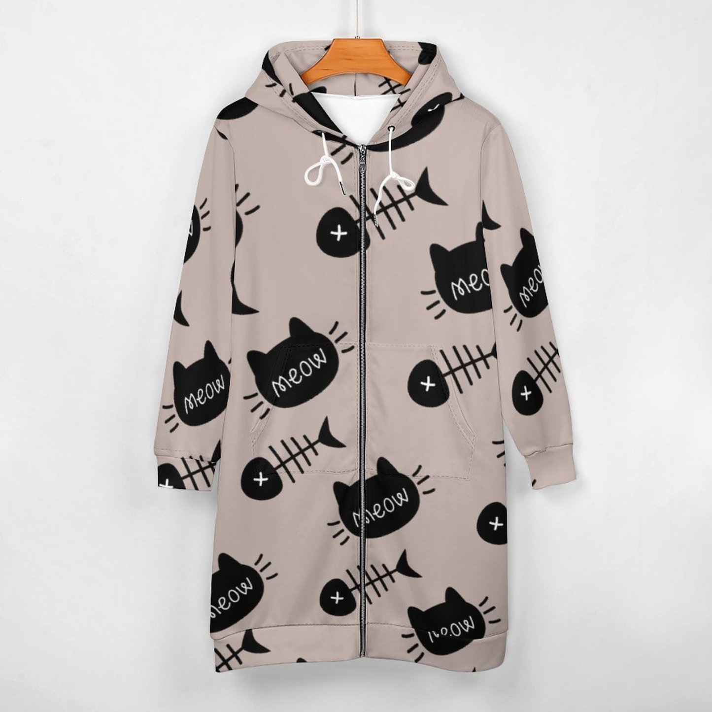 Meow Black Cat Face Fishbone Zip Up Long Hoodie Jacket Coat Women Tunic Sweatshirt Plus Size Open Front Cardigan Outfits