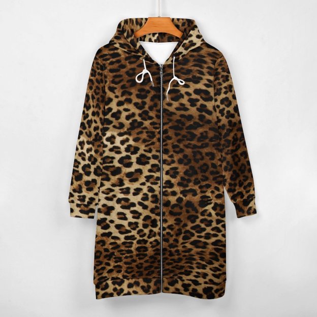 Leopard Spot Animal Print Zip Up Long Hoodie Jacket Coat Women Tunic Sweatshirt Loose Plus Size Open Front Cardigan Outfits