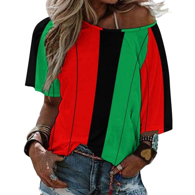 Kwanzaa Red Black Green Kinara Striped O Neck Batwing Half Sleeve Shirts Women Loose Street Blouse Print Tops-Charlylifestyle