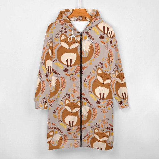 Kids Cute Woodland Fox Zip Up Long Hoodie Jacket Coat Women Tunic Sweatshirt Loose Plus Size Open Front Cardigan Outfits