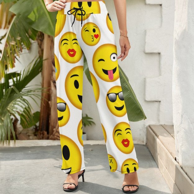 Funny Vintage Mixed Emoji Printed Women Casual Elastic Waist Wide Leg Pants Trousers-Charlylifestyle
