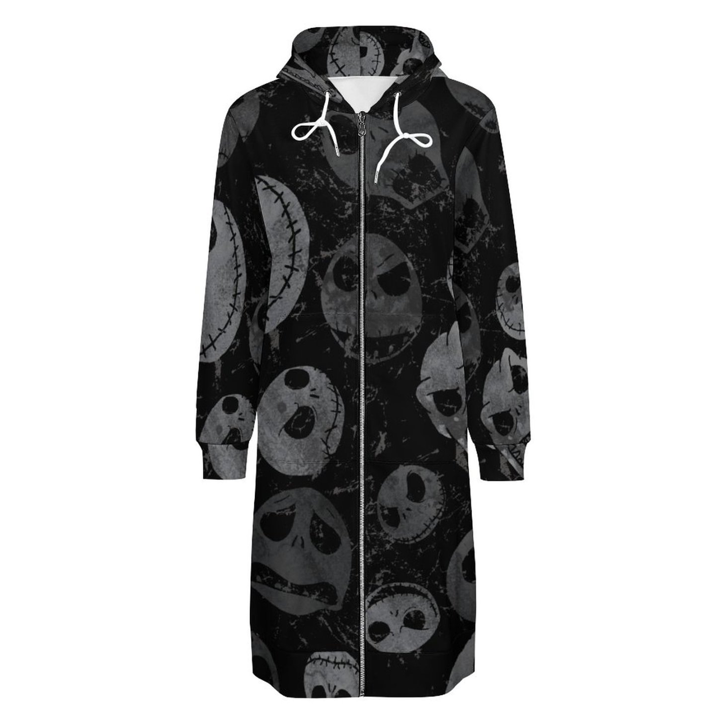 Jack Skellington Spooky Faces Zip Up Long Hoodie Jacket Coat Women Tunic Sweatshirt Plus Size Open Front Cardigan Outfits