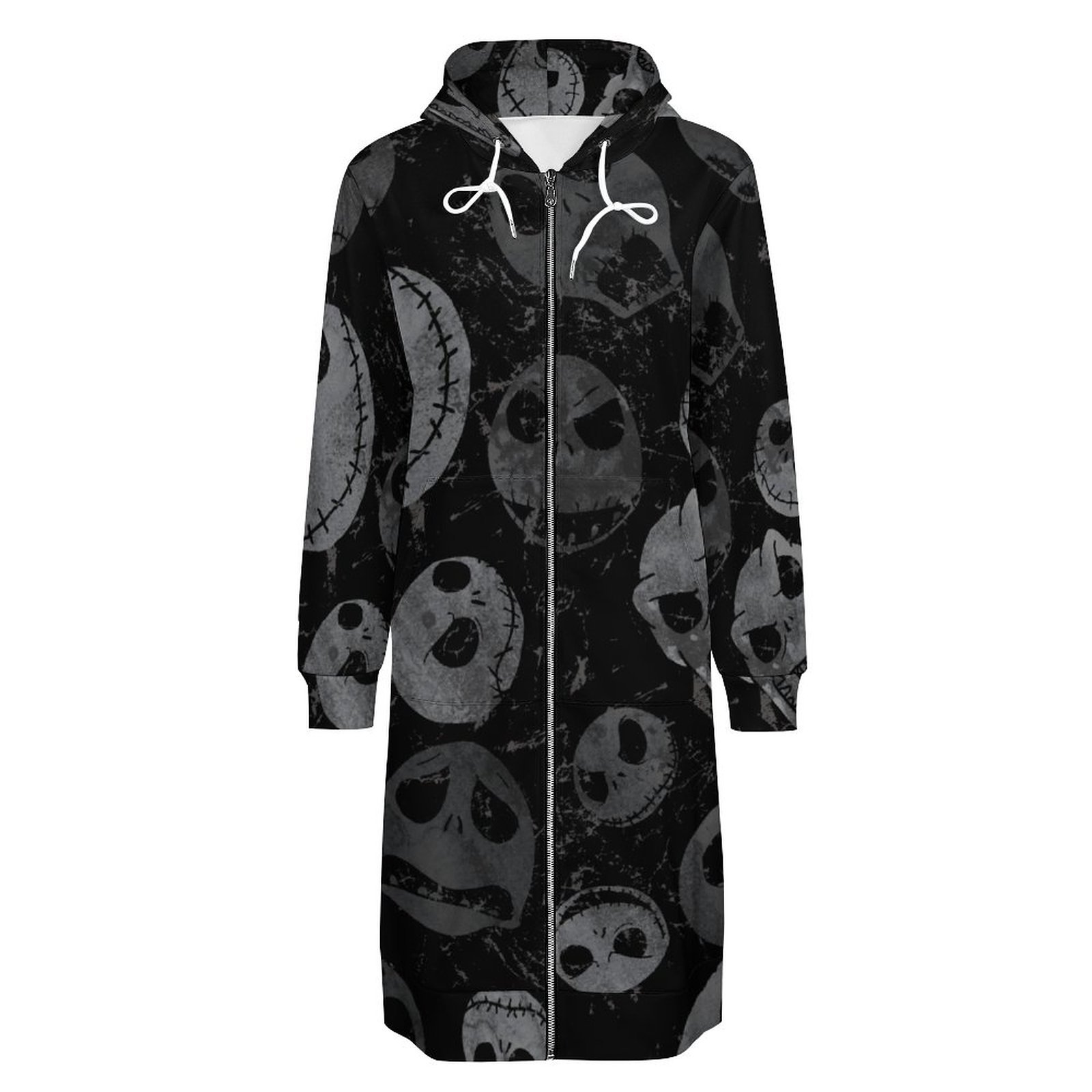 Jack Skellington Spooky Faces Zip Up Long Hoodie Jacket Coat Women Tunic Sweatshirt Plus Size Open Front Cardigan Outfits