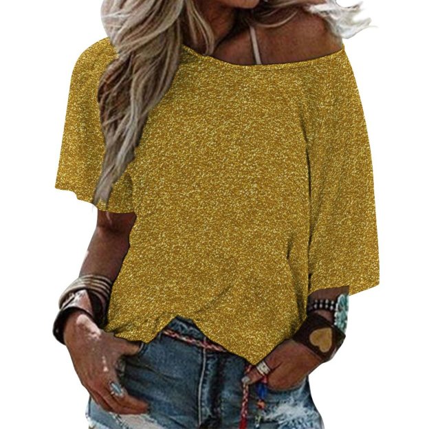 Metallic Gold Glitter Image O Neck Batwing Half Sleeve Shirts Women Loose Blouse Print Tops-Charlylifestyle