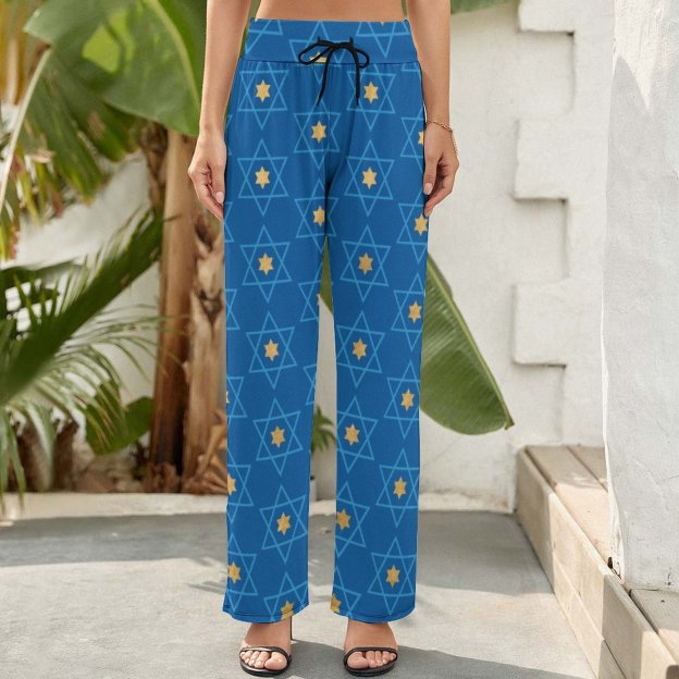 Jewish Blue And Gold Star Of David Printed Women's High Waist Wide Leg Long Palazzo Lounge Pants-Charlylifestyle