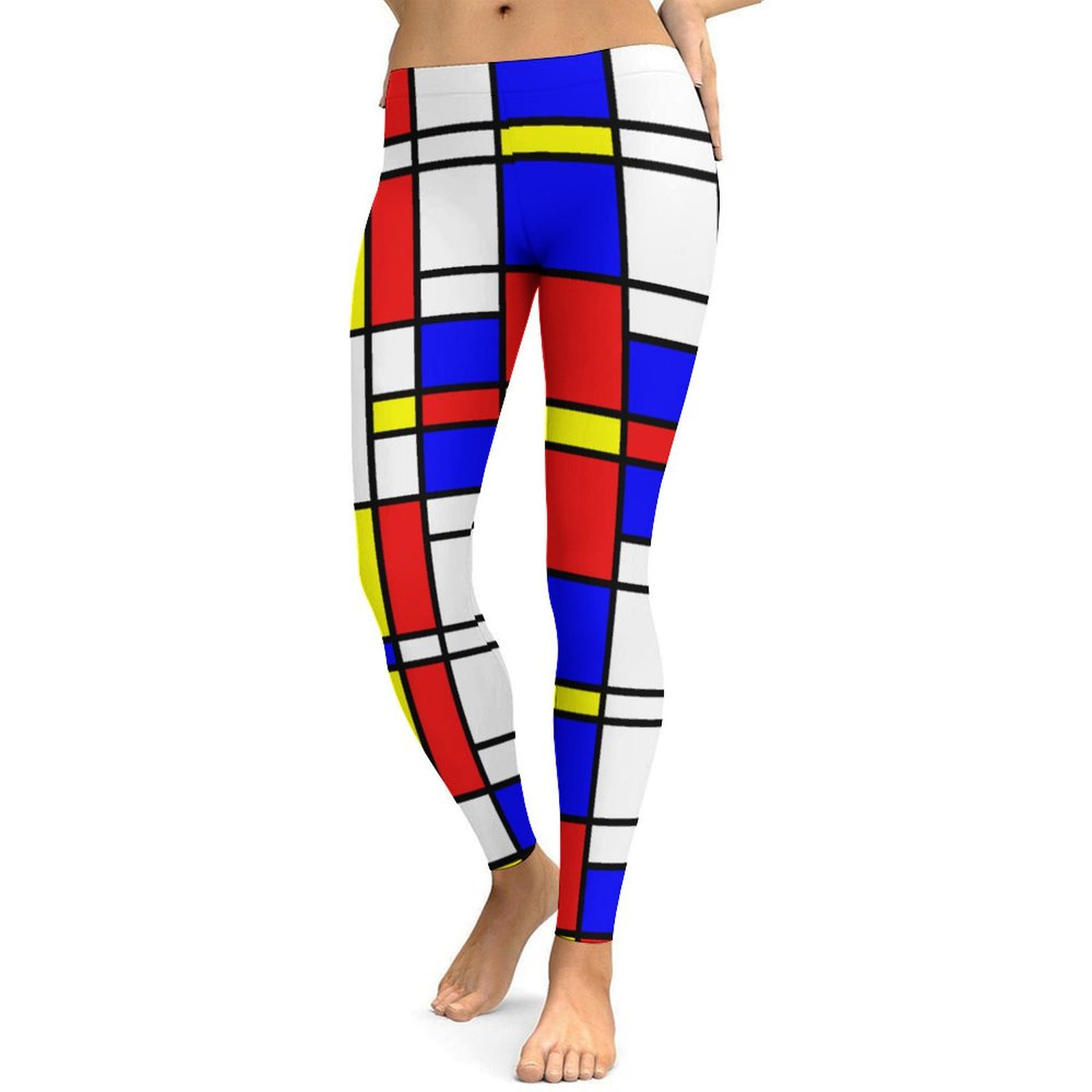 Initials Piet Mondrian Style Modern Art Printed Womens High Waist Workout Leggings Thin Fit Gym Yoga Pants