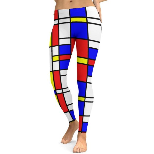Initials Piet Mondrian Style Modern Art Printed Womens High Waist Workout Leggings Thin Fit Gym Yoga Pants
