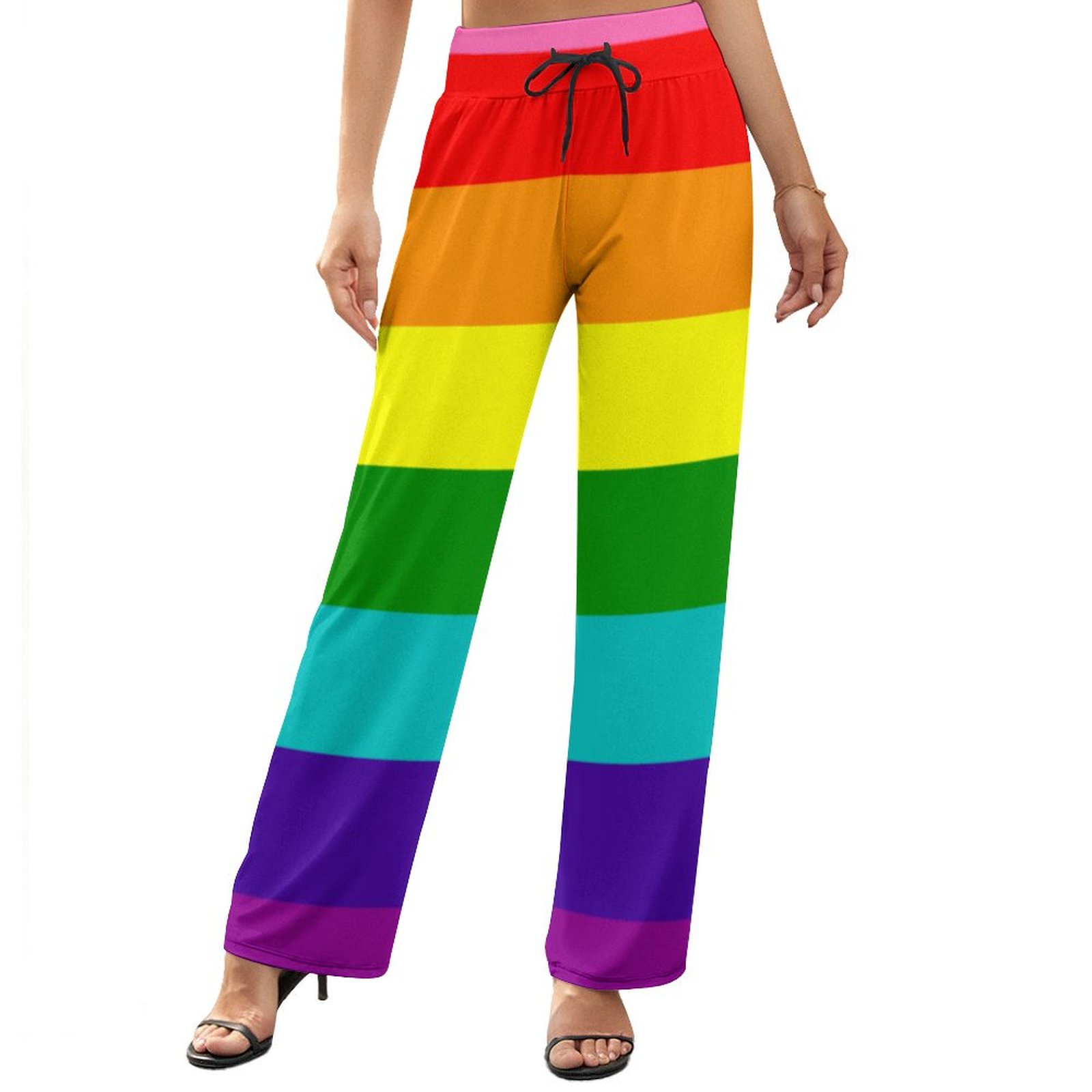 S-2XL Lgbt Rainbow Flag Original 8 Stripes Women's High Waist Wide Leg Long Palazzo Lounge Pants-Charlylifestyle