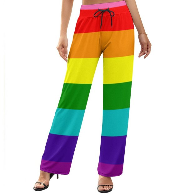 S-2XL Lgbt Rainbow Flag Original 8 Stripes Women's High Waist Wide Leg Long Palazzo Lounge Pants-Charlylifestyle