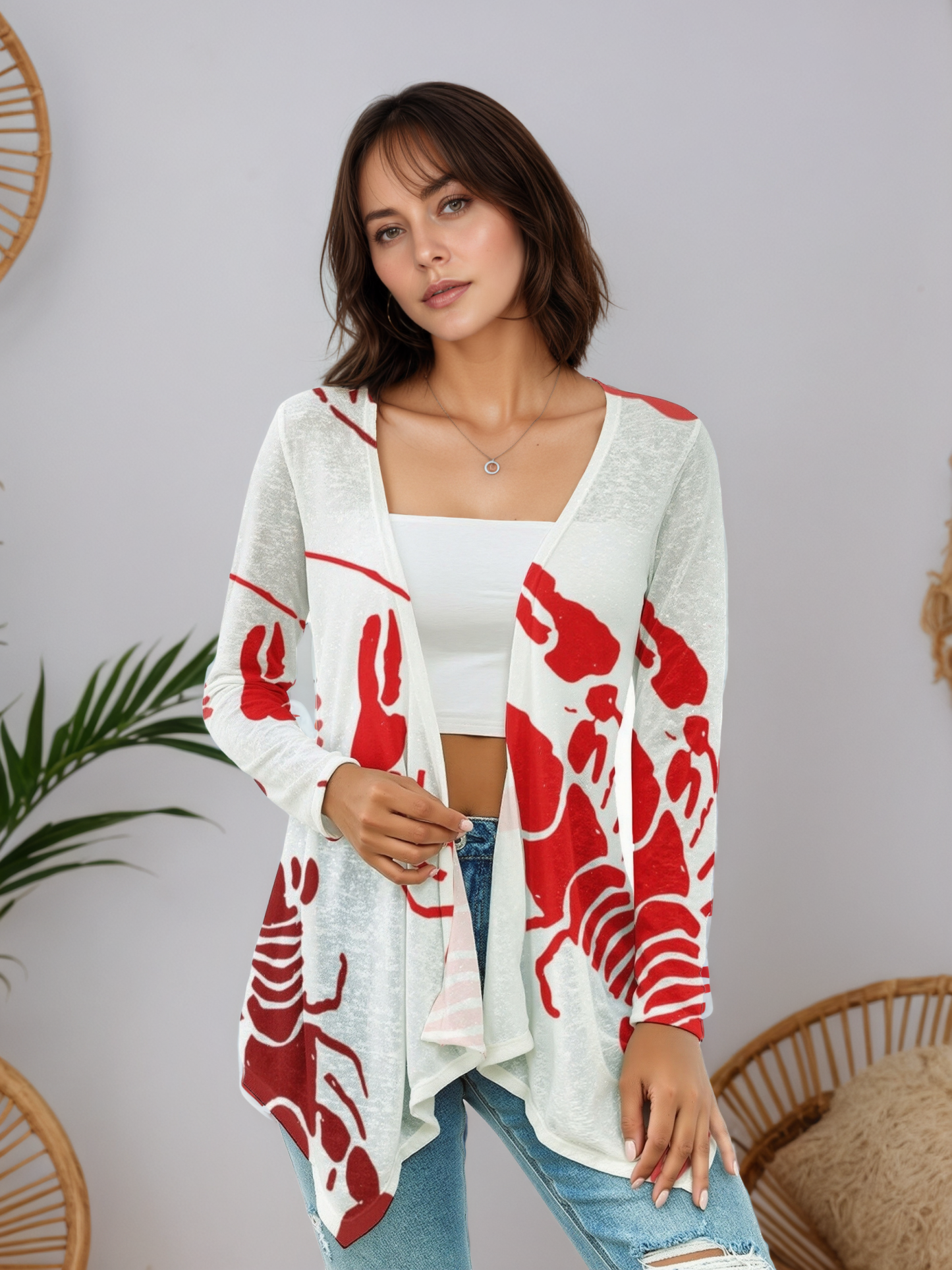Women Lobster Bake Or Crawfish Boil Retro Open Knit Cardigan Lightweight Long Sleeve Irregular Hem Outfits