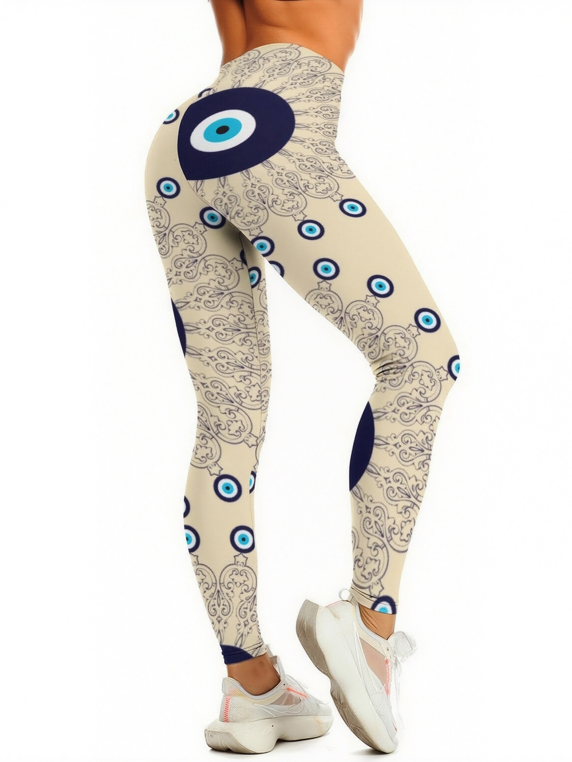Mediterranean Blue Aqua Evil Eye Mandala Printed Womens High Waist Workout Leggings Thin Fit Gym Yoga Pants